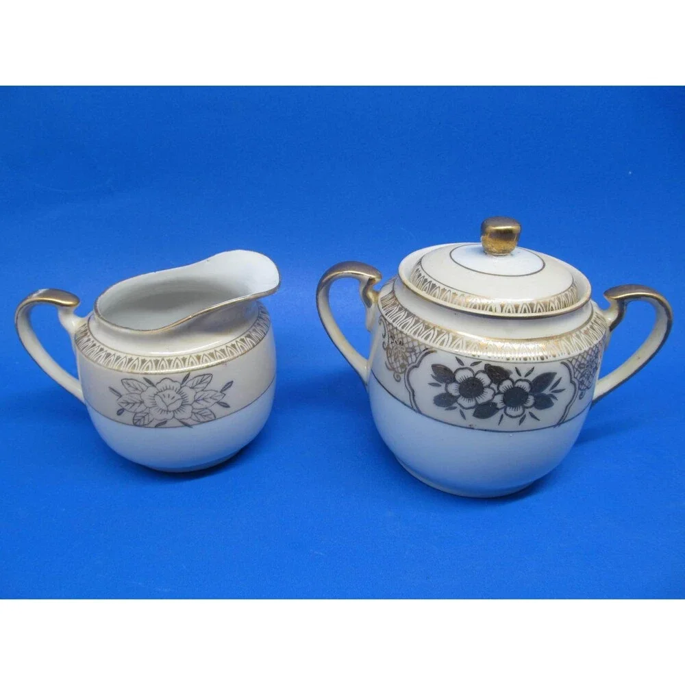 Chikaramachi Japan Vintage Covered Sugar And Creamer Set CHK3 Pattern Gold Trim